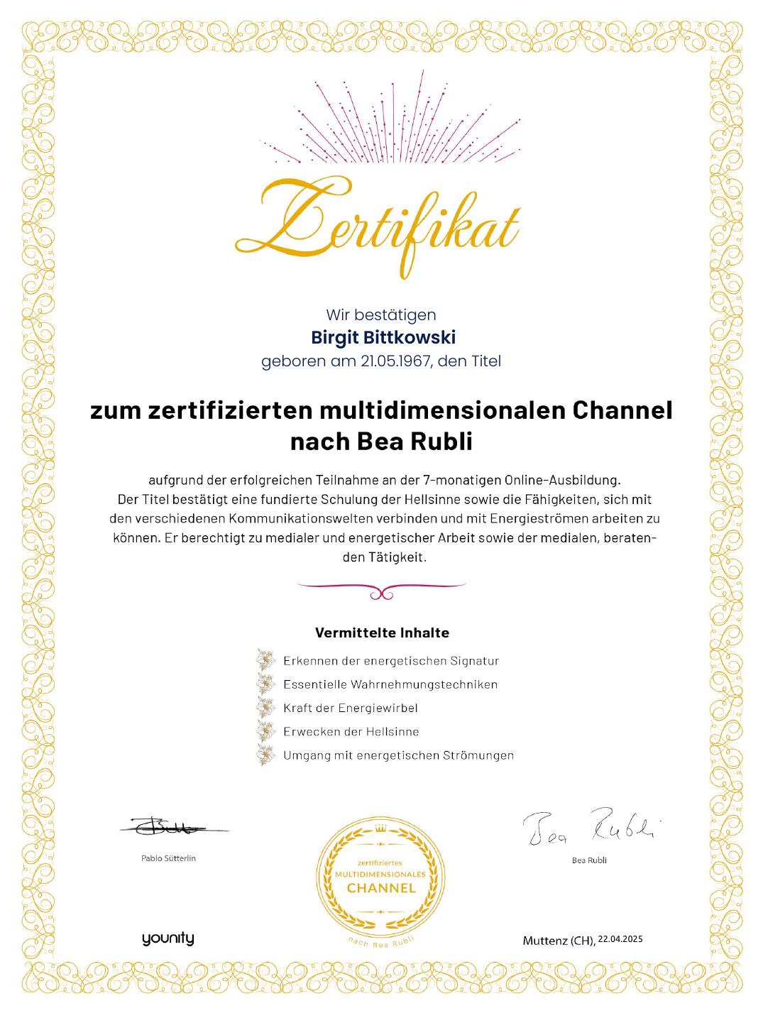 Zertifikat zum zertifizierten multidimensionalen Channel nach Bea Rubli für Birgit Bittkowski